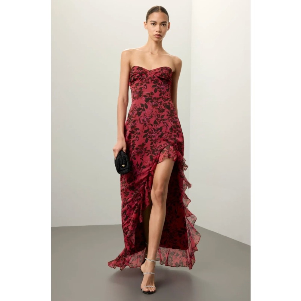 Amanda Uprichard Eden Gown Strapless Maxi Dress Floral Ruffle Pink Black Sz M - Picture 1 of 16